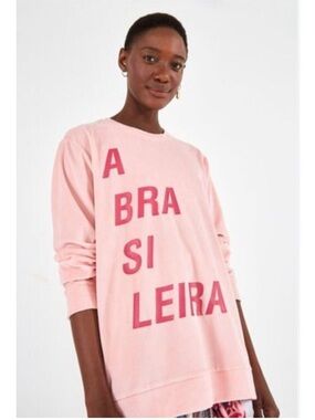 Farm Rio A Brasileira Flamingo Pink Velour Oversized Sweatshirt Size Small